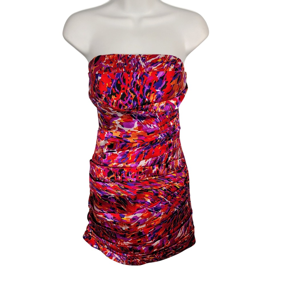 Snap Strapless Ruched Mini Dress Red Purple Abstract Print Size M bodycon Y2k